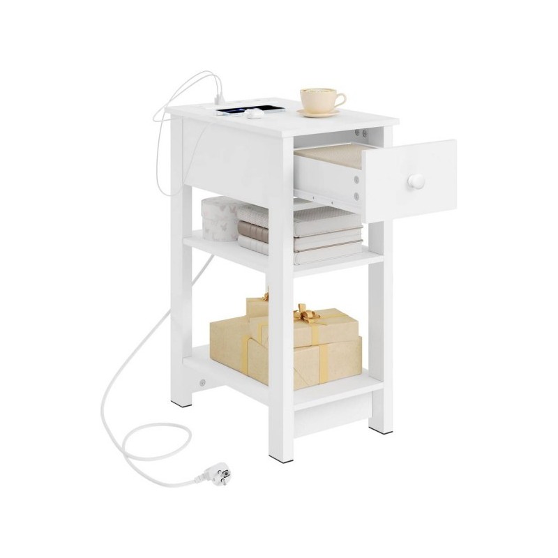Noční stolek WOLTU s funkcí nabíjení, 2 zásuvky, 2 USB porty, 30x65x45 cm, bílý