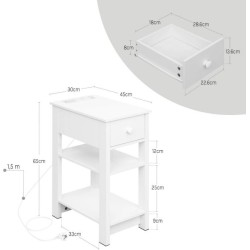 Noční stolek WOLTU s funkcí nabíjení, 2 zásuvky, 2 USB porty, 30x65x45 cm, bílý